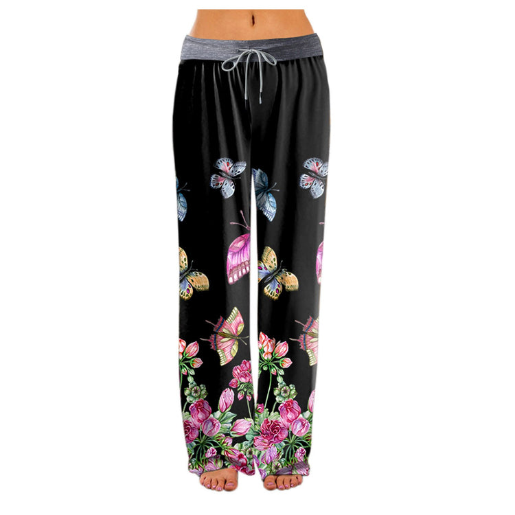 Womens Comfortable Casual Flower Print Drawstring Elastic Waist Wide Leg Lounge Pants Cotton Homewear Trousers Dropshipping