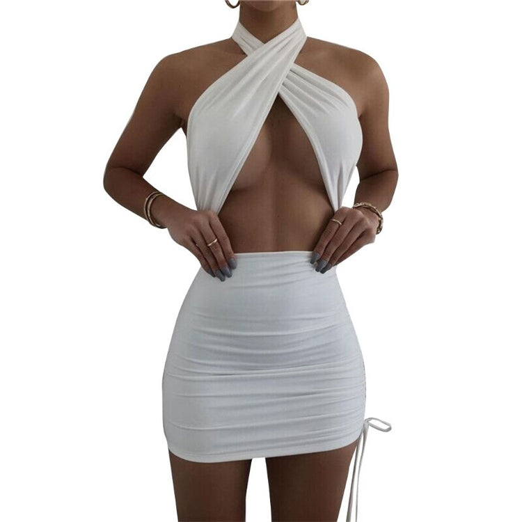 Women Summer Sexy Criss Cross Halter Bodycon Mini Dress Solid Color Cut Out Backless Ruched Side Drawstring Clubwear M6CD