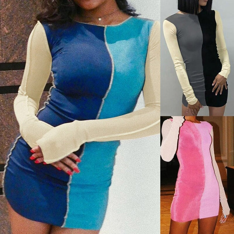 Women Long Sleeve O-Neck Bodycon Mini Dress Color Block Patchwork Velvet Sexy High Waist Package Hip Stretch Clubwear