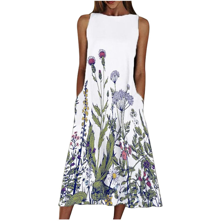 2021 Floral Print Maxi Dress Women Vintage Sleeveless Elegant Long Dress O Neck Casual Plus Size Tuniken Sundress robe de plage