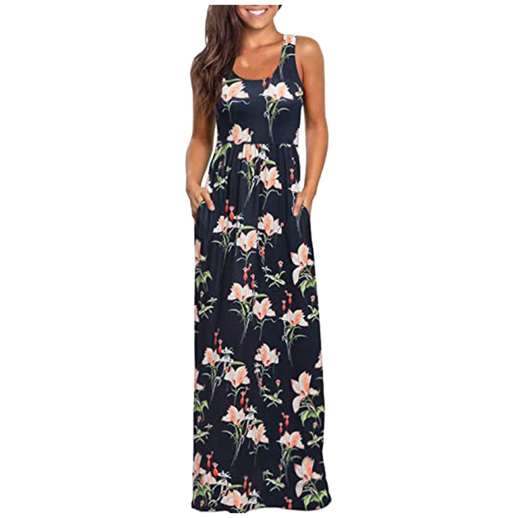 Women's Sleeveless Pocket Casual Floral Printing Beach Long Maxi Loose Dress For Women Casual Plus Size Dress