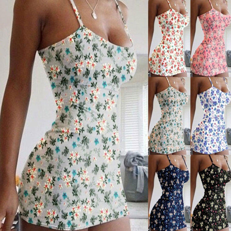 Summer Elegant Floral Print Slim Off Shoulder Strap Women O Neck Dresses Party Dress Bodycon Dresses Plus Size Mini Dress Dress