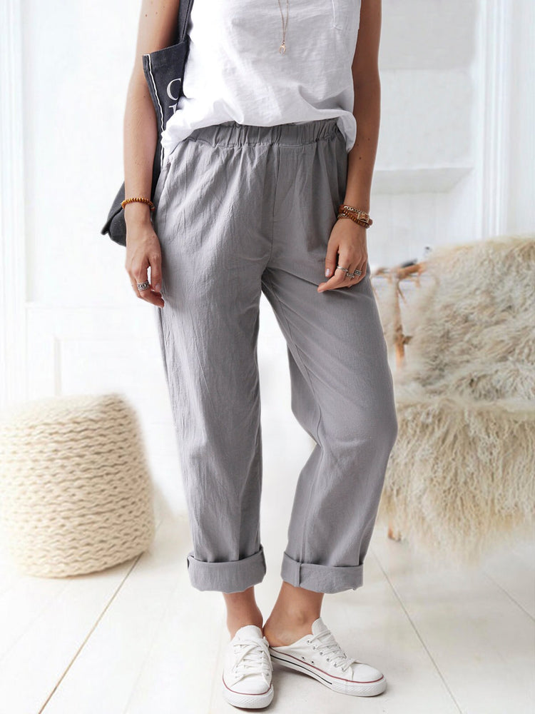New Fashion Women Autumn Casual Pants Solid Elastic High Rise Straight Leg Trousers Wide Leg Rolled Cuff Pants
