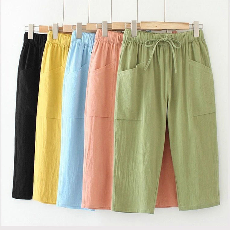 Solid Color Wide Leg Pants Elastic Waist Three Quarter Linen Trousers Women Summer Drawstring Pockets Loose Fit Casual Pants