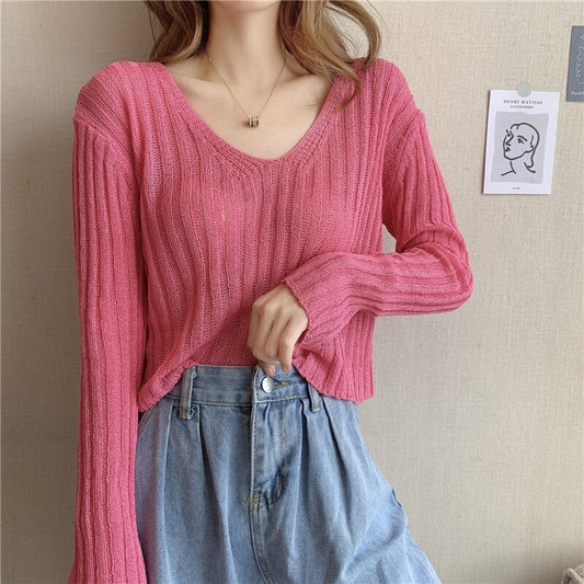Sexy V-neck Hollow Out Knitwear Spring Autumn Long Sleeve Thin Pullover Sweater Korean Casual Black White Yellow Pink Tops Women