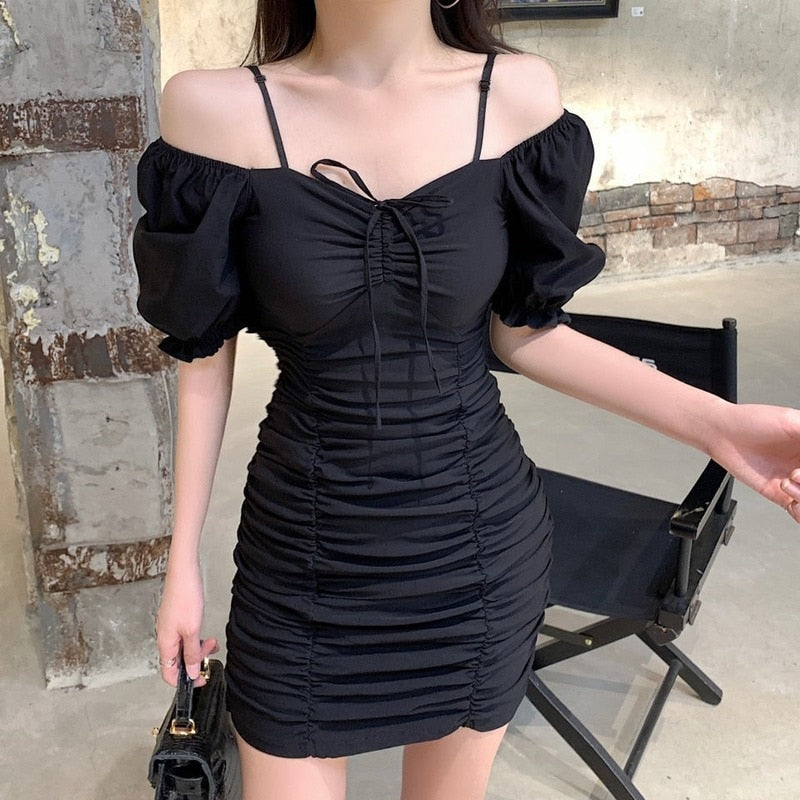 Dresses Women Sexy Female Slim Party Holiday Fashion All-match Puff Sleeve Casual Students Korean Style Shirring Cozy Retro New