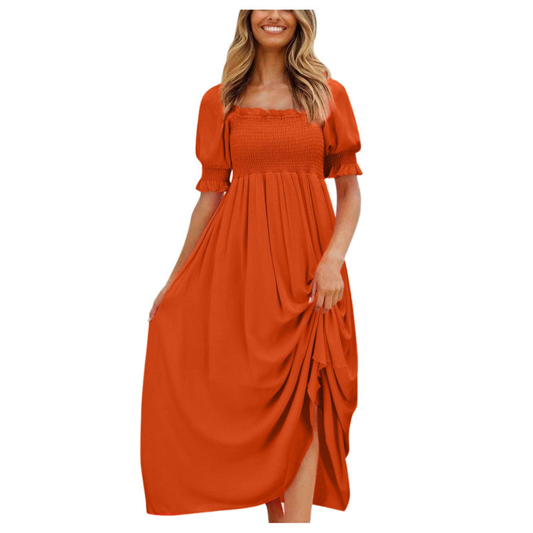 Casual Women's Dress Solid Color Bohemian Puff Sleeve Ruffles Beach Long Dresses Outdoor Summer Event Party Maxi Sundress