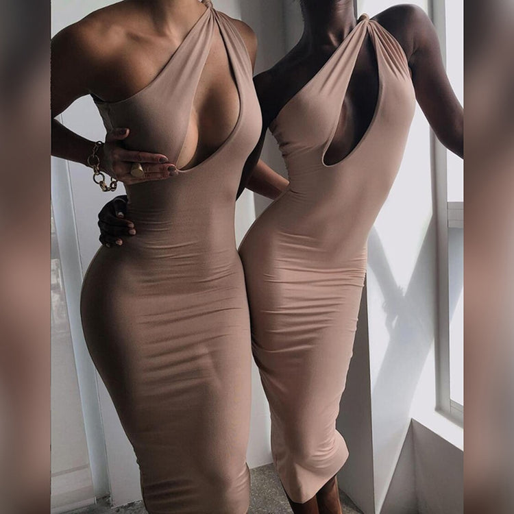 YiYiMiYu Cut Out Sexy Midnight Clubwear Maxi Dresses Solid One Shoulder Birthday Outfit For Women Slim Bodycon Party Dress 2021