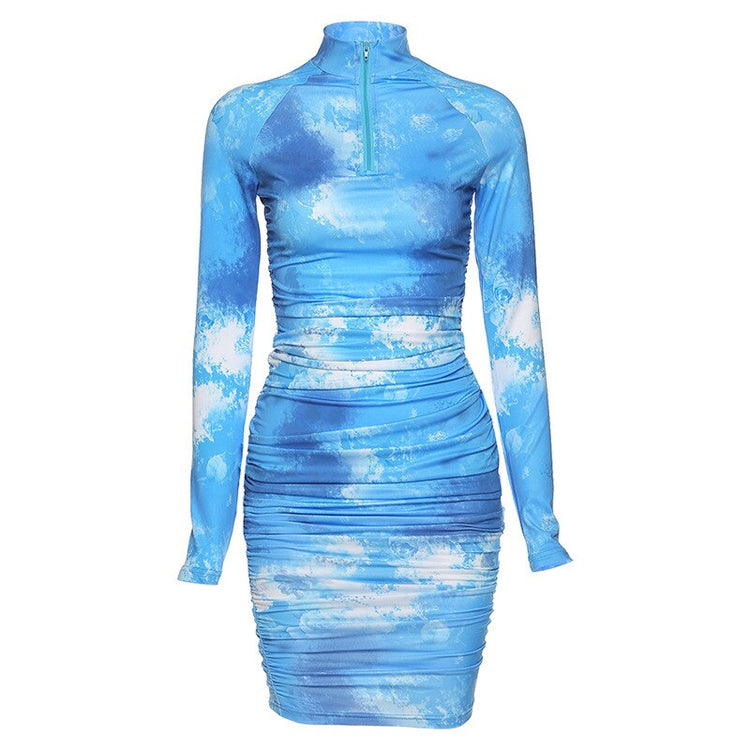 2020 Spring  Long Sleeve Tie Dye Ruched Bodycon Sexy Midi Dress Women Streetwear Outfits Party Bright Clothing