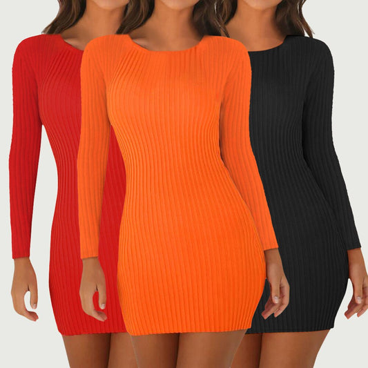 #50 Mini Dress Women Long Sleeve Sexy Solid Round Neck Ladies Casual Dress Tenue Sexy Dresses For Women Party Robe Moulante