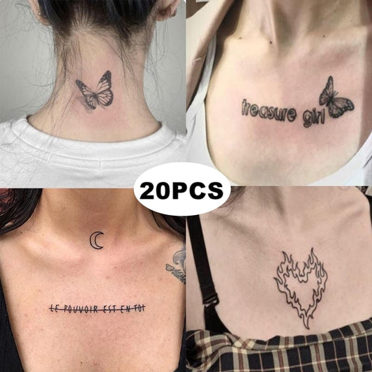 20Pcs Black Butterfly Rose Heart Shape Women Girls Sexy Temporary Tattoo Stickers Waterproof Fake Tatoos Body Arm Chest Art
