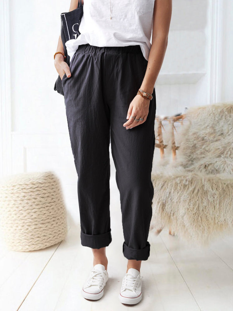 New Fashion Women Autumn Casual Pants Solid Elastic High Rise Straight Leg Trousers Wide Leg Rolled Cuff Pants