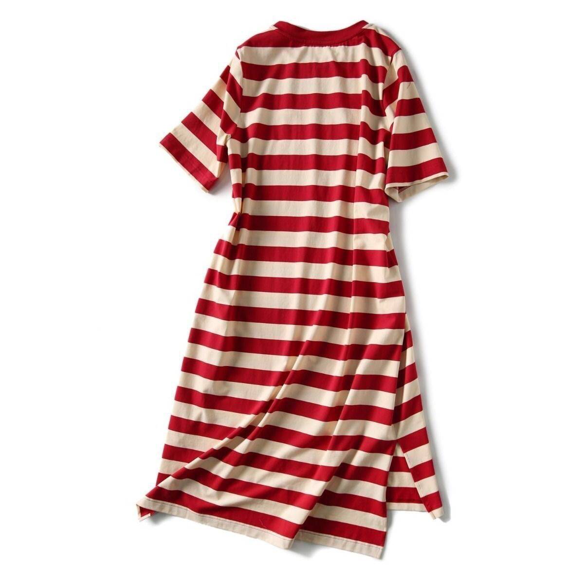 summer Korean medium length loose and thin striped printed T-shirt dress women's student round neck medium length Fairy Dress