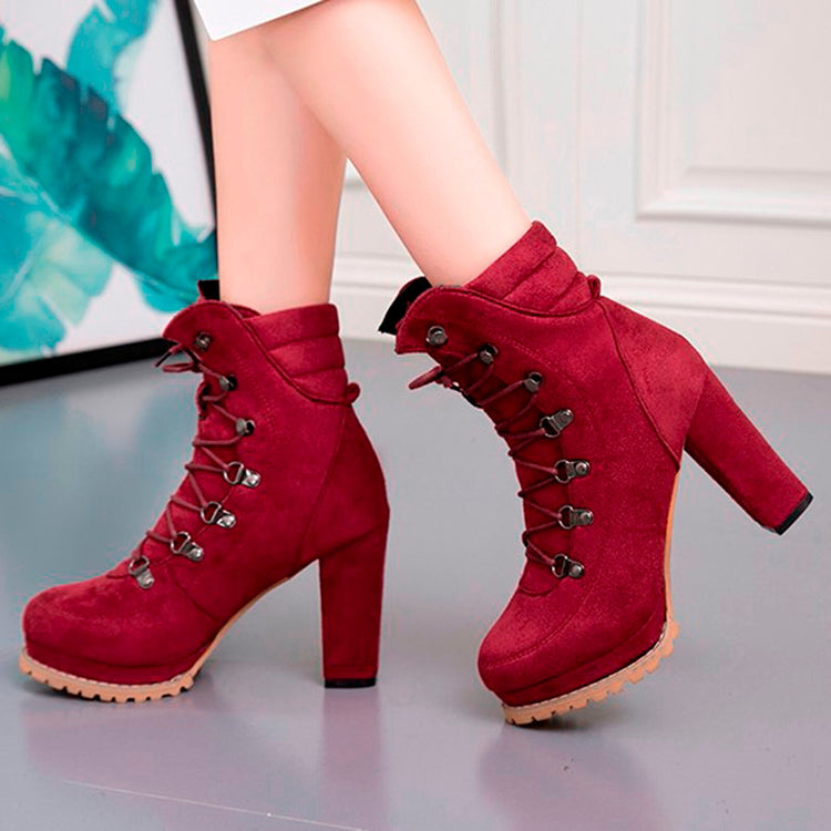 Women‘s Leisure Rivets Shoes Non-slip Lace-up High Heel Short Tube Boots Women Square Root High Heel And Ankle Boots