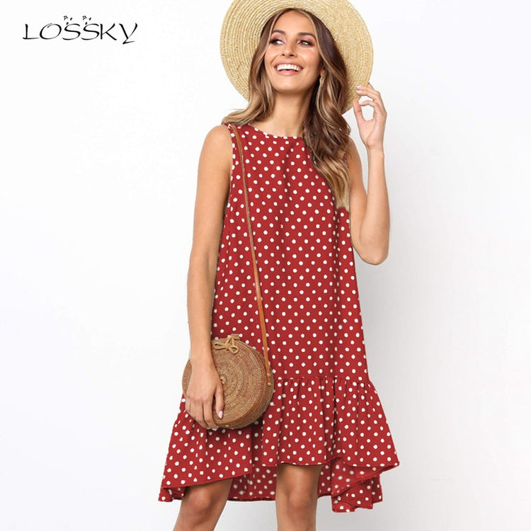 Lossky Women Summer Dress Polka Dot Chiffon Sleeveless Beach Mini Casual Yellow Sundress 2021 Fashion Plus Size Dress For Women