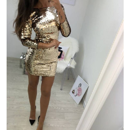 Summer New Fashion Sexy Women Bodycon Golden Sequins Party Dress Ladies Evening Party Stylish Slim Club Short Dresses