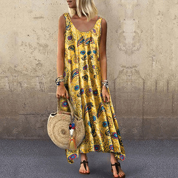 Fashion Women Long Dress Floral Totem Printed Round Neck Sleeveless Casual Dress Loose Holiday Beach Maxi Dress Plus Size #T2G