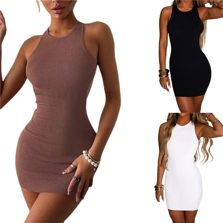 Women’s Casual Sleeveless Short Dress Fashion Solid Color Backless Knitted Tight Dress