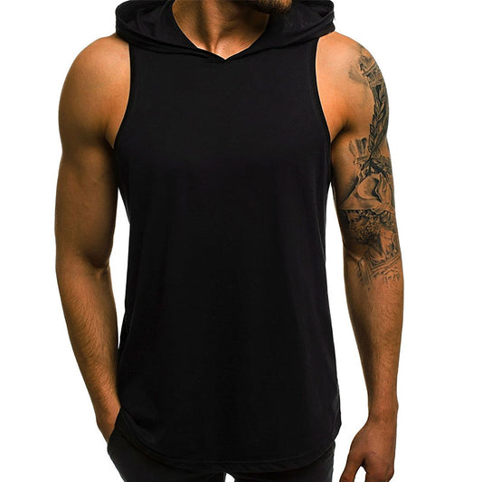 Men's Summer Hooded Solid Color Sweatshirt Casual Loose Sleeveless Undershirt Sports Casual Men's Hooded Sleeveless Vest #g30