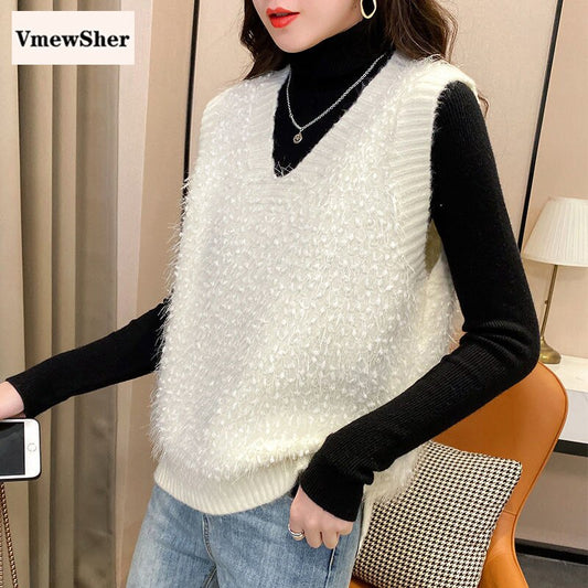 VmewSher New Women Sleeveless Pullover 2020 Hot Puffy V Neck Knitted Sweater Vest Loose Knitwear Women Waistcoat Tops Fashion