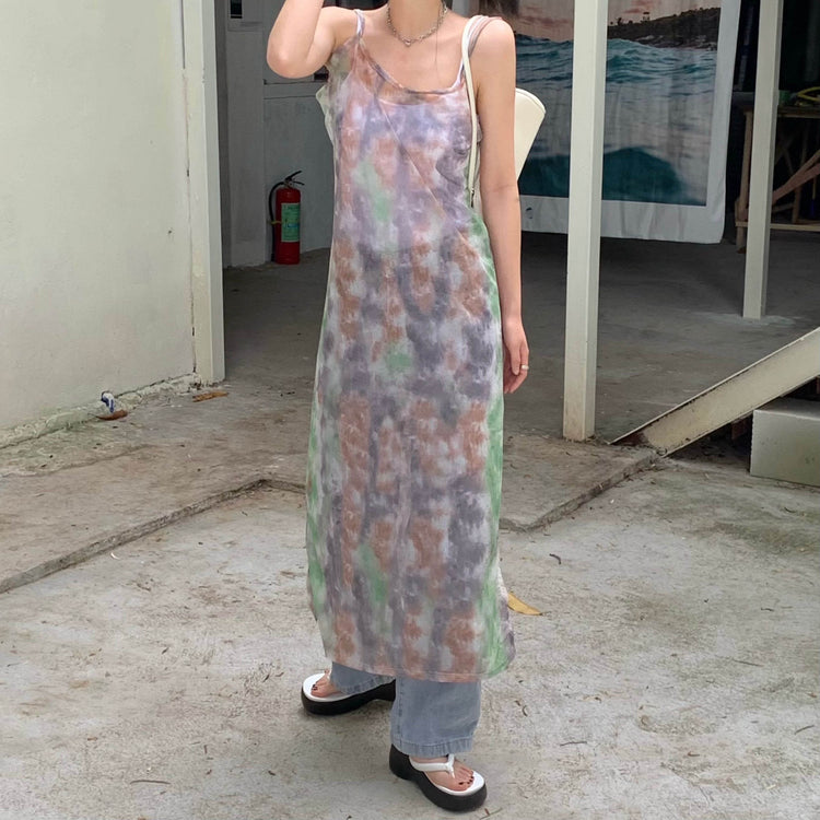 Sleeveless Dress Women Vintage Fashion Side-slit Tie-dye Panelled Summer Breathable Sexy All-match French Style Harajuku Chic