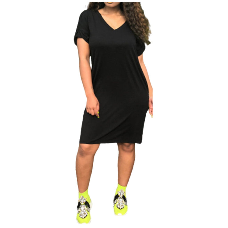 Women's Summer Mini Dress With Pocket Casual Solid Color V-neck Short Sleeve Dress Modis Ladies Casual Slim Dress Plus Size #T3P