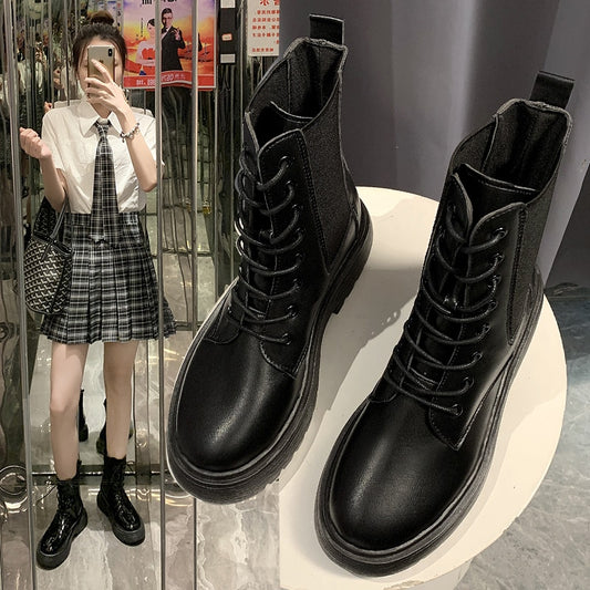 2021 Autumn and Winter New Ladies Black  Shoes Wild Lace-up  Casual Women's Shoes Round Toe Leather Shoes High-top Shoes