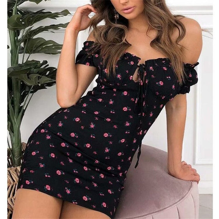 2021 Summer Floral Print Black Red Mini Dress For Women Streetwear Sexy Slash Neck Ladies Bodycon Dresses Party Outfits