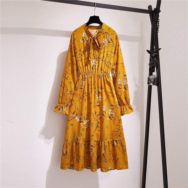 JMPRS Chiffon Women Shirt Dress Elegant Print Floral High Waist Casual Vintage Midi Dress Korean Bow Sun Ladies Vestidos 2021