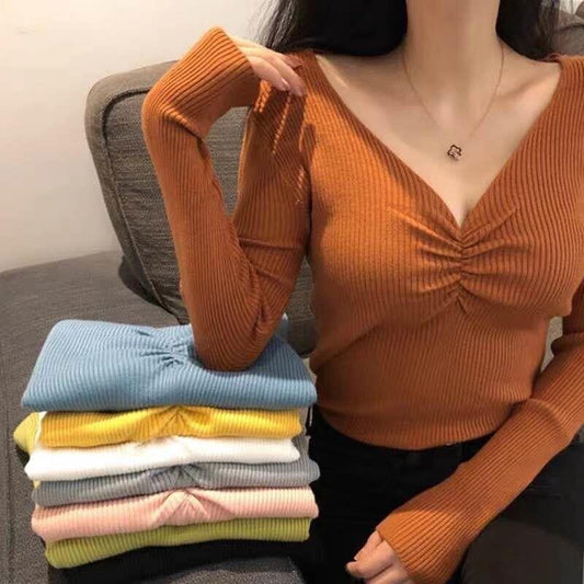 Autumn/winter New Ladies Fashion Knitwear Slim Sexy V-neck Long-sleeved Knitted Bottoming Shirt Women Solid Skinny Wear