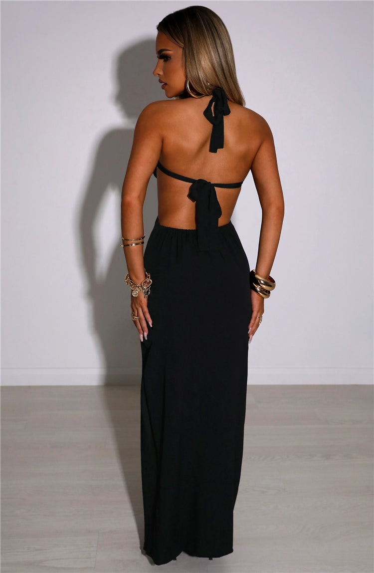Fashion Women Sexy Sleeveless Backless Dress Back Tie Up Cut Out Solid Color Slit Halterneck Dress Black/Orange