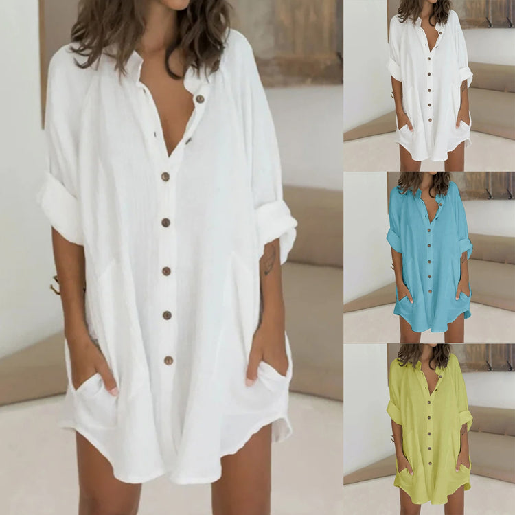 Woman Long Shirt Dress Cotton Korean 3/4 Sleeve White Boho Beach Big Maxi Summer 2021 Autumn Oversized Mini Dresses платье jurk