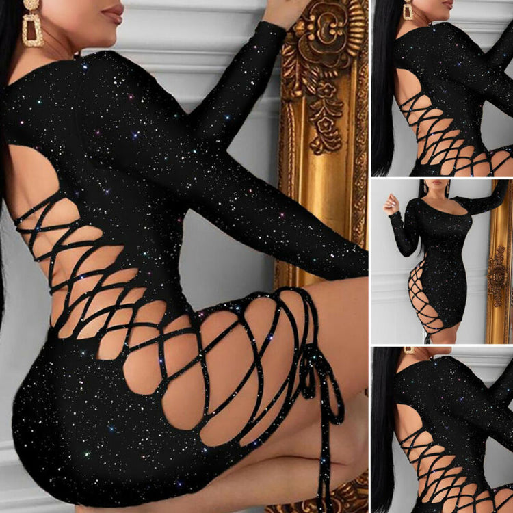 New Spring Sexy Women Dress Gown Black Long Sleeve Sexy Sexy Lady Bodycon Hollow Short Dresses Party Night Club Summer
