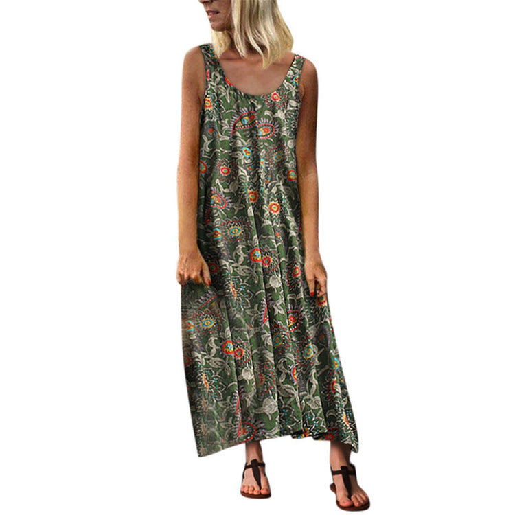 Fashion Women Long Dress Floral Totem Printed Round Neck Sleeveless Casual Dress Loose Holiday Beach Maxi Dress Plus Size #T2G