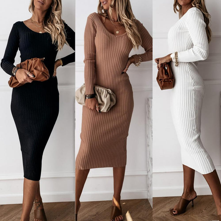 Christmas Casual Dresses for Women 2021 Women Autumn Solid Color V Neck Long Sleeve Ribbed Knitted Bodycon Maxi Dress