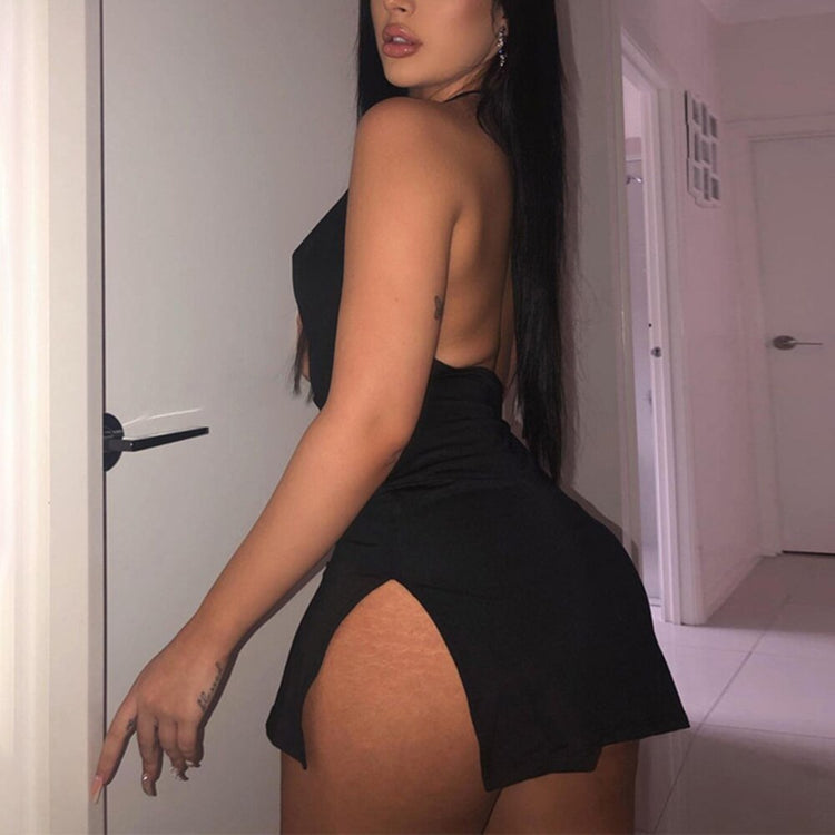 YiYiMiYu Backless Sexy Strap Halter Mini Dresses Side Slit Club Outfit For Women Bodycon Midnight Partywear Summer Dress Fashion