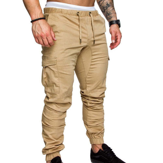 Plus Size Men Solid Color Multi Pocket Drawstring Ankle Tie Cargo Pants Trousers