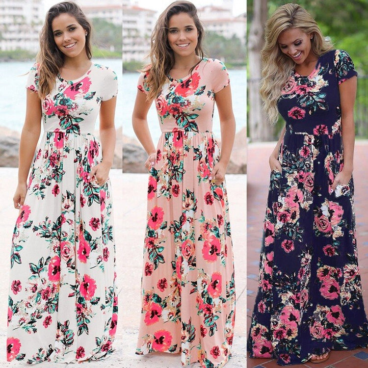 Women Long Maxi Dress 2021 Summer Floral Print Boho Beach Dress Short Sleeve Evening Party Dress Tunic Vestidos Plus Size XXXL