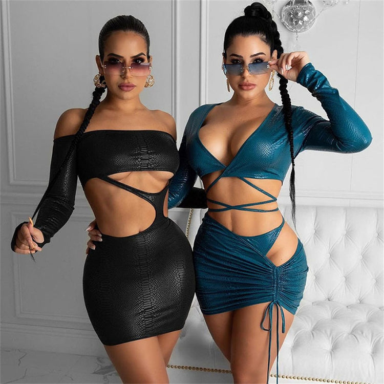 Women's Sexy Dress One-shoulder Backless Hollow Out Long Sleeve Party Mini Dress Female Bodycon Black Dress Streetwear Clothing