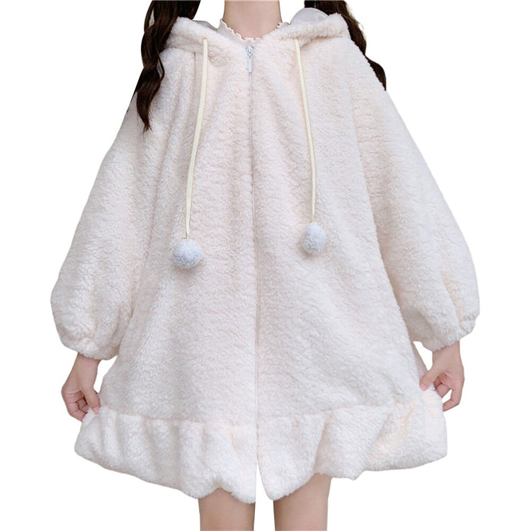 2021 New Women Bunny Plush Jacket Coat Autumn Winter Long Sleeve Fuzzy Hoodie with Ears Cute Oversize Fluffy Anime Hooded Jacket