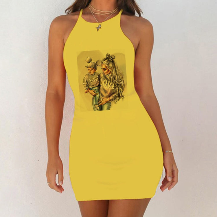 Cartoon Super Mom Love Print Dress Sexy Clothes Summer Dresses Women Strapless Party Bodycon Dress O-Neck Mini Yellow Vestidos