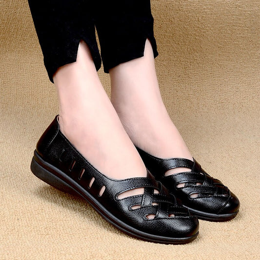 Breathable Flats Female Shoes Summer 2021 New Arrival Genuine Leather Flats Woman Leather Loafers Mom Casual Shoes grid non-slip