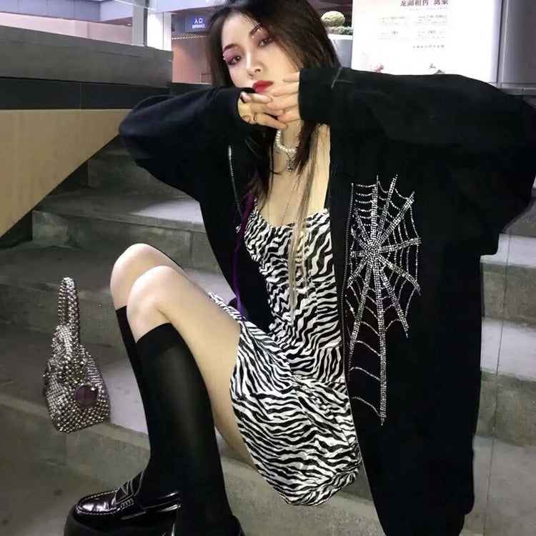 Autumn Winter Zip-up Jacket Outwear Black Harajuku Gothic Rhinestone Spider Web Hooded Coats Women Punk Casual Plus Size Hoodies