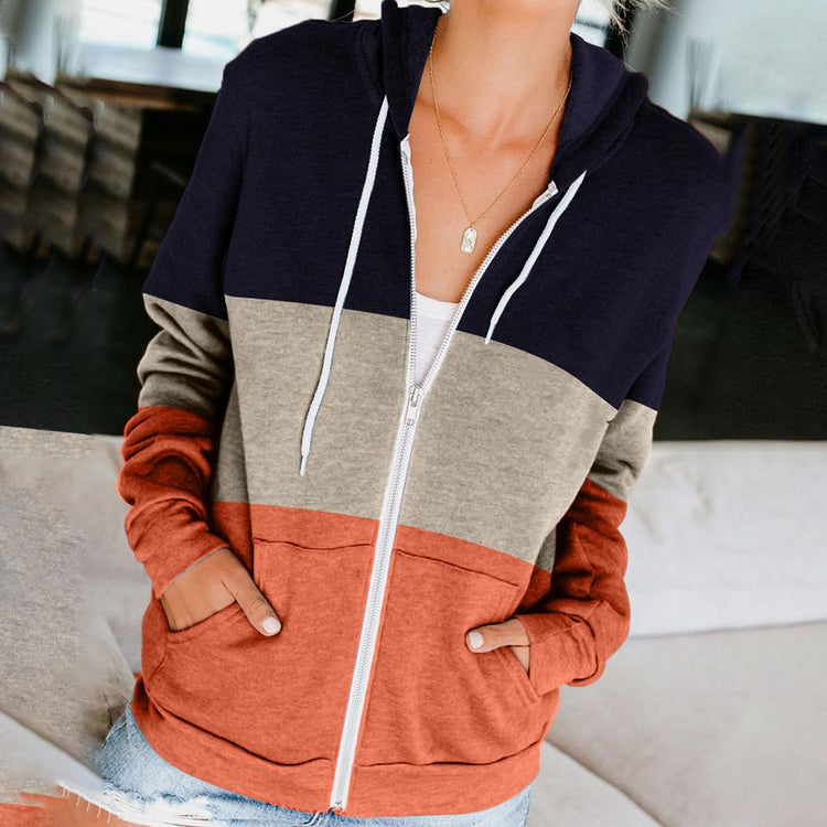 Oversize Hoodies Women Contrasting Stripes Zip Up Sweatshirt Spring Autumn Vintage Pockets Long Sleeve Casual Sport Jacket