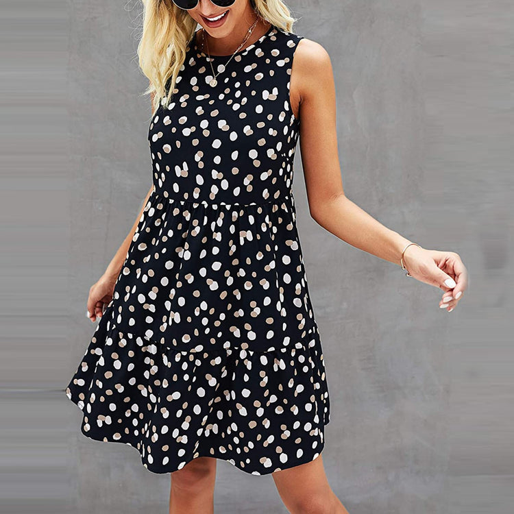 Woman S-XL Sleeveless Ruffle O Neck Dress Loose Sweet Polka Dot Print Ruffled Hem Knee-length Dresses Summer Beach Vestidos 2021