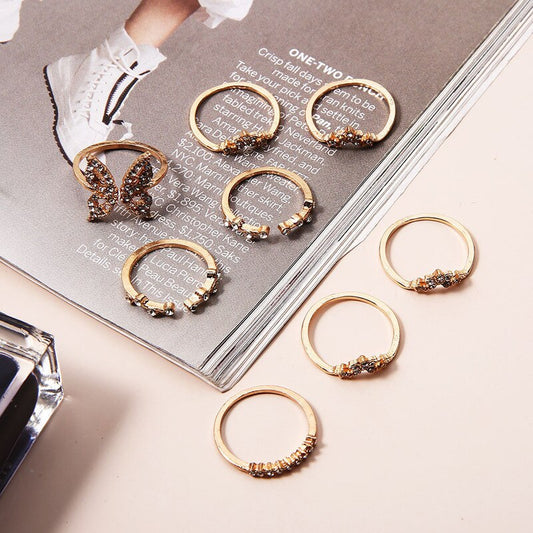 Vintage Boho Crystal Butterfly Rings Set For Women Zircon Leaves Stars Geometric Knuckle Finger Ring Wedding Party Jewelry Gifts