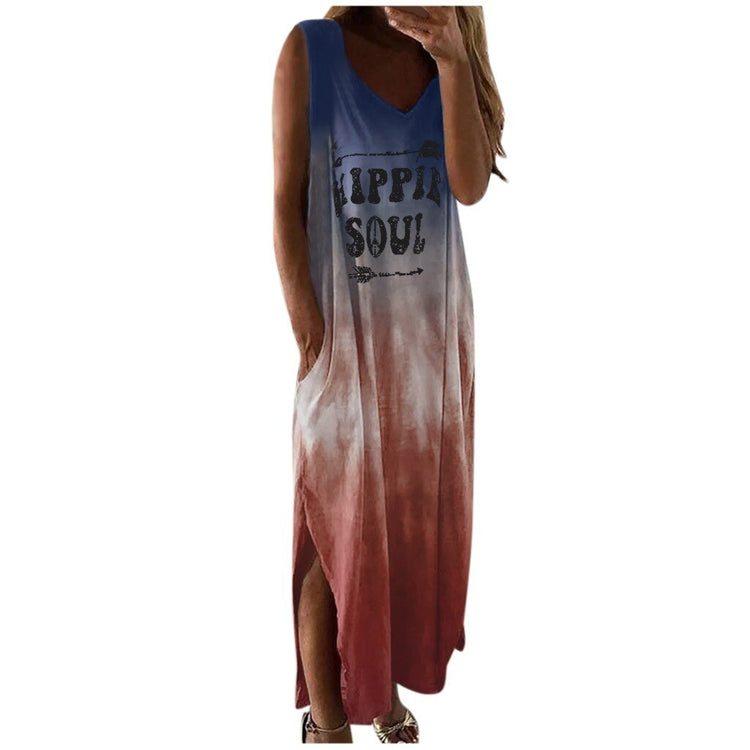 Casual Sprts Loose Straight Long Dress Women Ladies V-neck Tie-dye Print Split Sleeveless Maxi Dress Summer Pocket  Vestidos