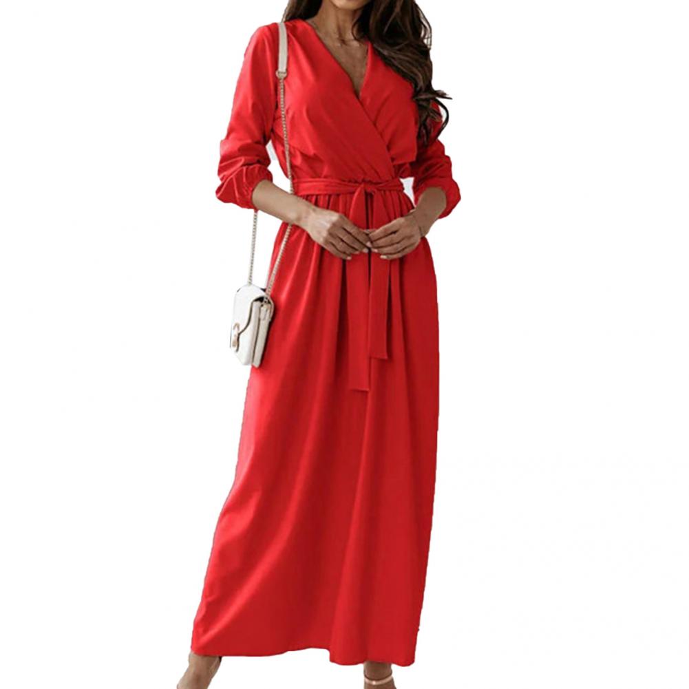 Women Elegant Casual Solid Color V Neck Dress Tight Waist Loose Elastic Waist Long Dress for Party Dating Daily