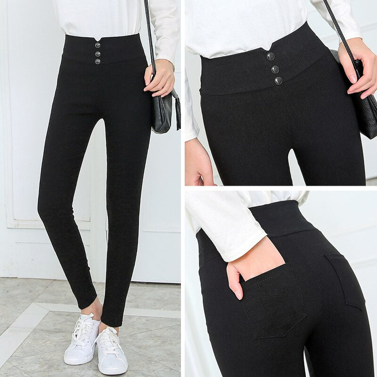 Women's black Pants Pencil Trousers Spring Fall Button pocke Pants Women Slim Ladies Jean Trousers Female High Waist Pants