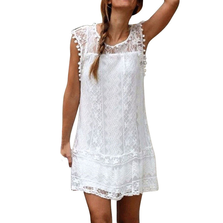 2021 Women Summer Dresses Vintage Fashion Casual Soild White Lace Sleeveless Beach Short Dress Tassel Dress Sweet Lace Dress